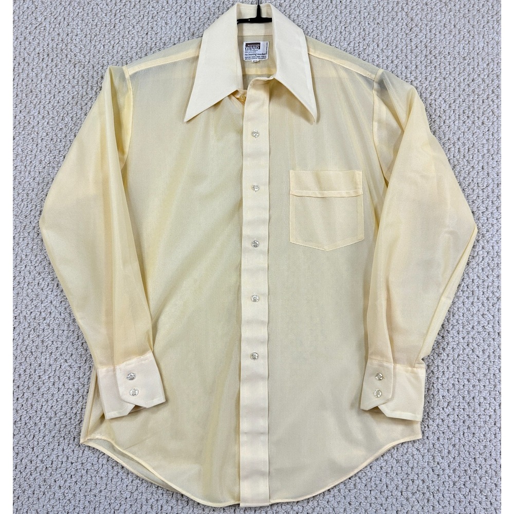 Vtg Montgomery Ward Shirt Men 15-33 Yellow Disco Sheer Lightweight Dagger Collar